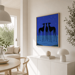 Modern Dog Wall Art showing three black greyhounds on vibrant blue background in a bright dining area with plants
