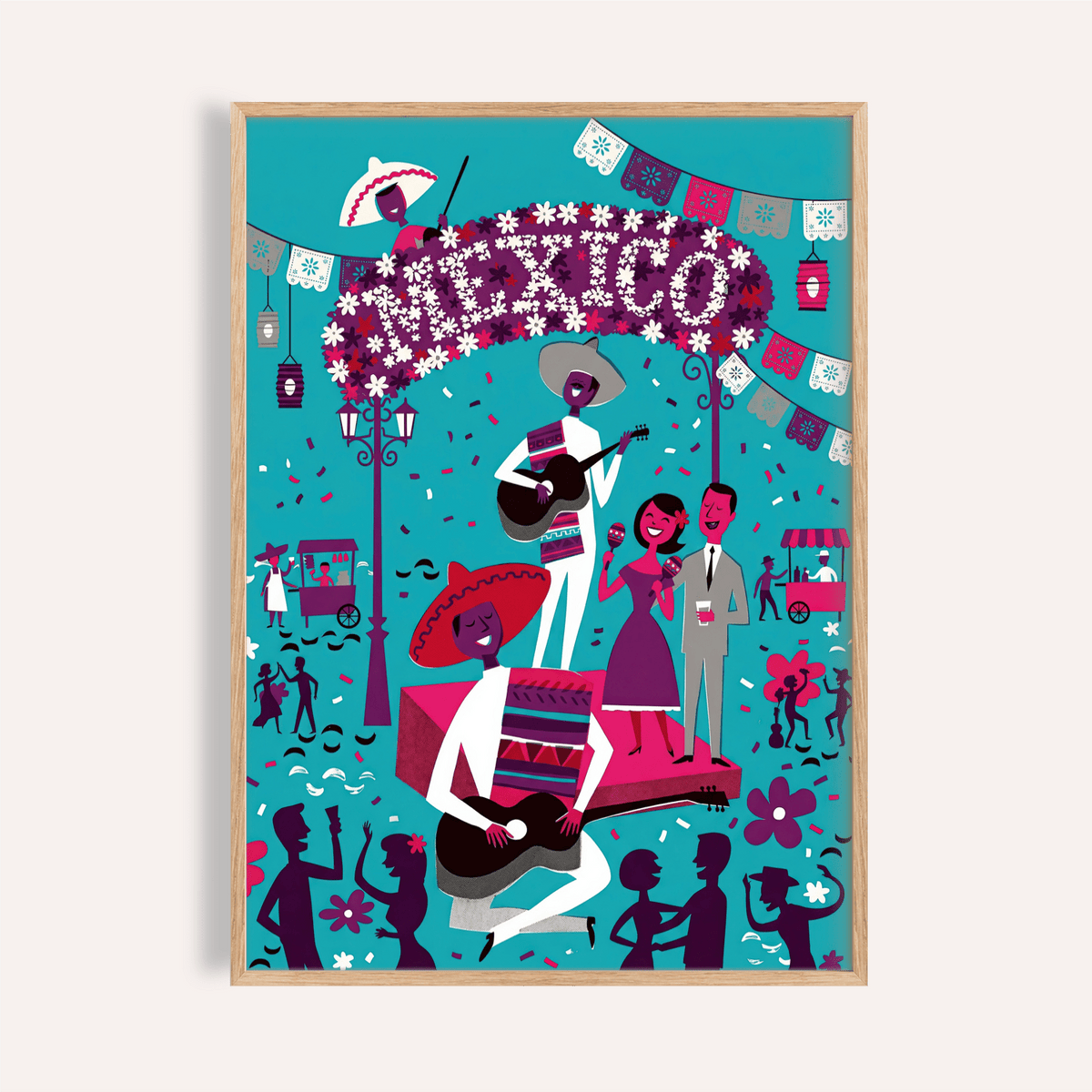 Mexican Fiesta wall art with turquoise background and folk-art style musicians on a stage