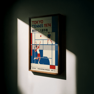 Framed Tokyo Tennis Poster with minimalist retro tennis players lit by natural light