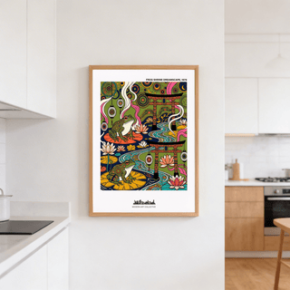 Japanese Frog Art Print on kitchen wall with decorated frogs on lily pads and colourful floral details