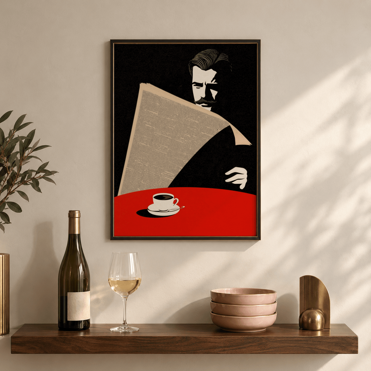 Art Deco Newspaper Reader print of a man with a red table and coffee cup on a shelf with bottles and bowls