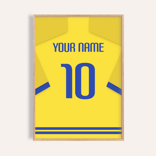 Framed football shirt poster in yellow with blue trim showing the number 10 and Your Name