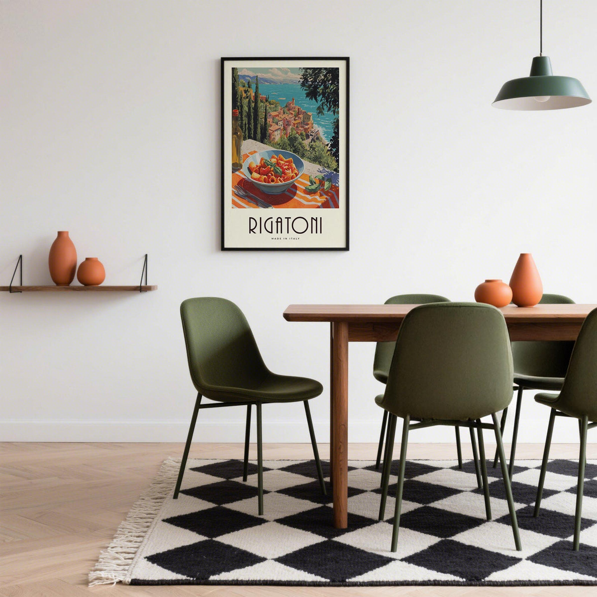 Pasta artwork print of bowl of rigatoni pasta in vintage illustration style in dining room with patterned rug