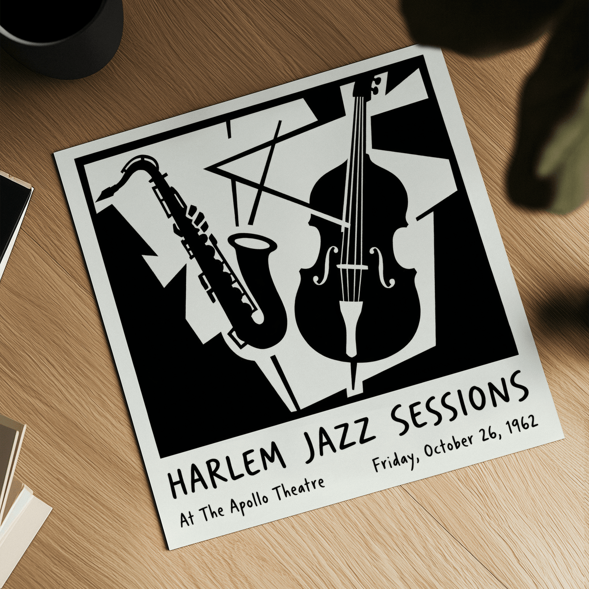 Music Poster Wall Art of a saxophone and double bass in black and white on a wooden surface with a cup nearby