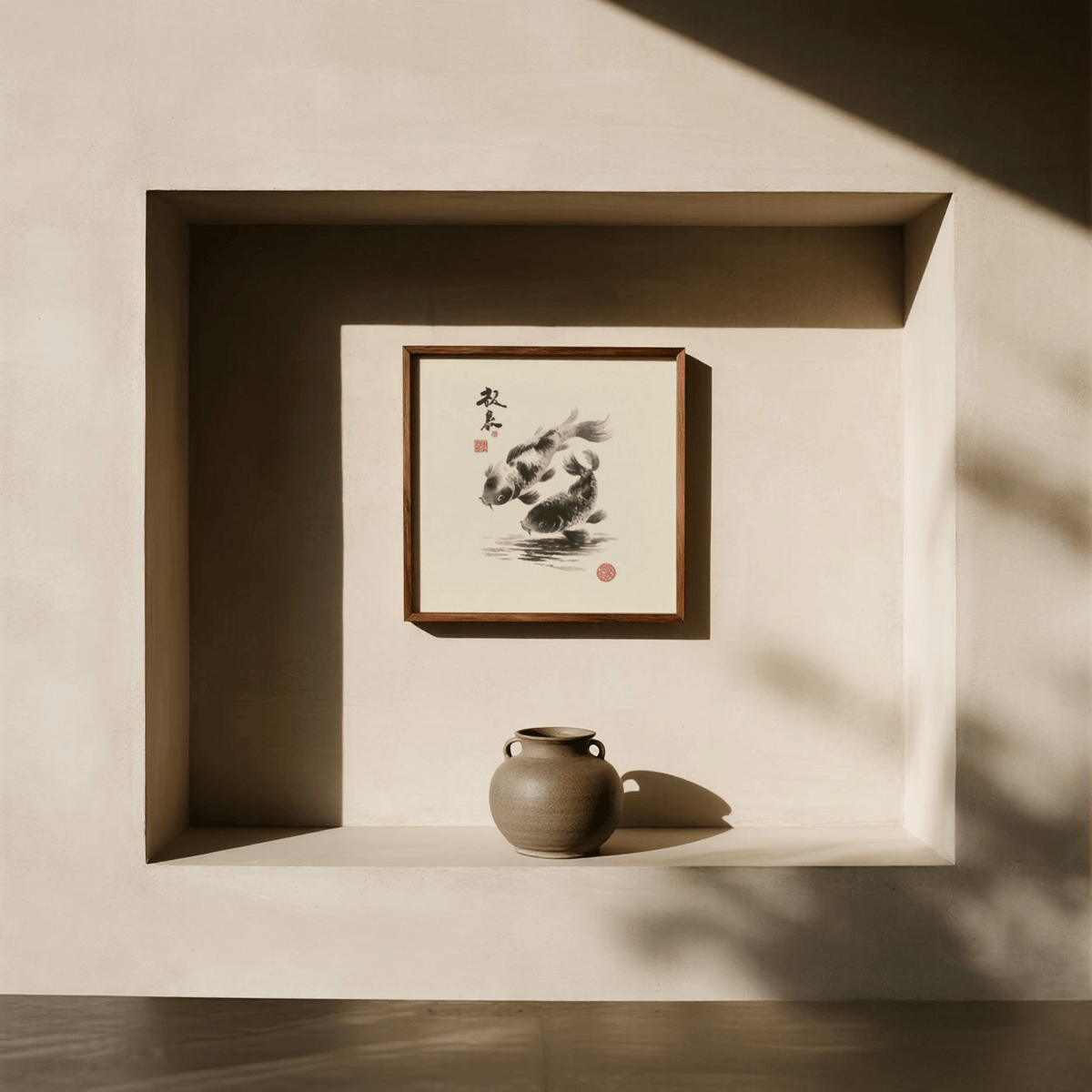 Framed Koi Fish Print of two black koi fish in Japanese-ink style above a clay vase