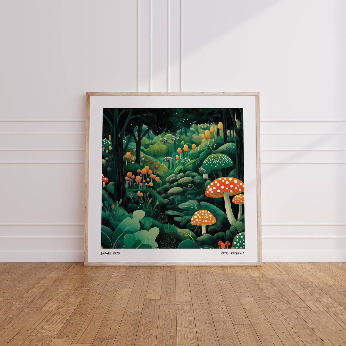 Enchanted Forest wall art with colourful mushrooms leaning on a wooden floor