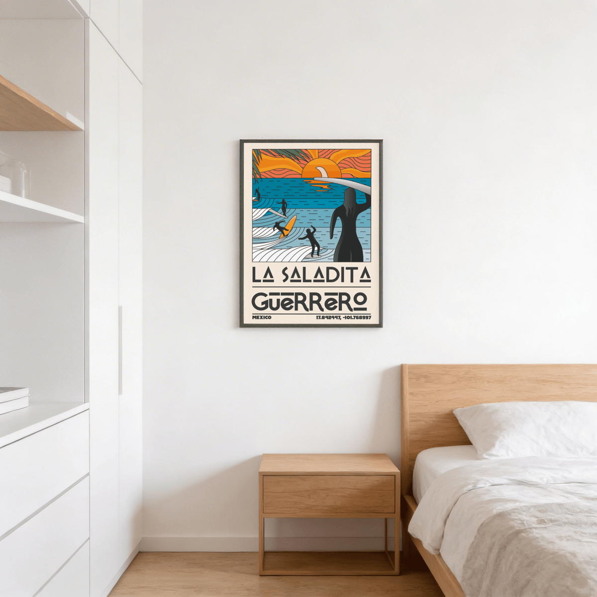 Surfing Sunset Print framed print of a minimalist retro surfer scene in blue and orange above a wooden bedside cabinet