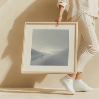 Framed Gray and White Wall Art of a person on a winding path with minimalist abstract colours held by a person
