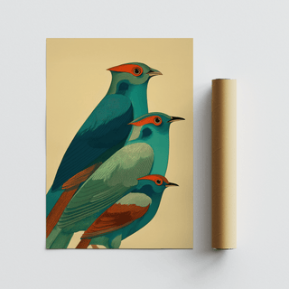 Colorful Bird Art Print with three stylised birds in teal and rust beside a packaging tube