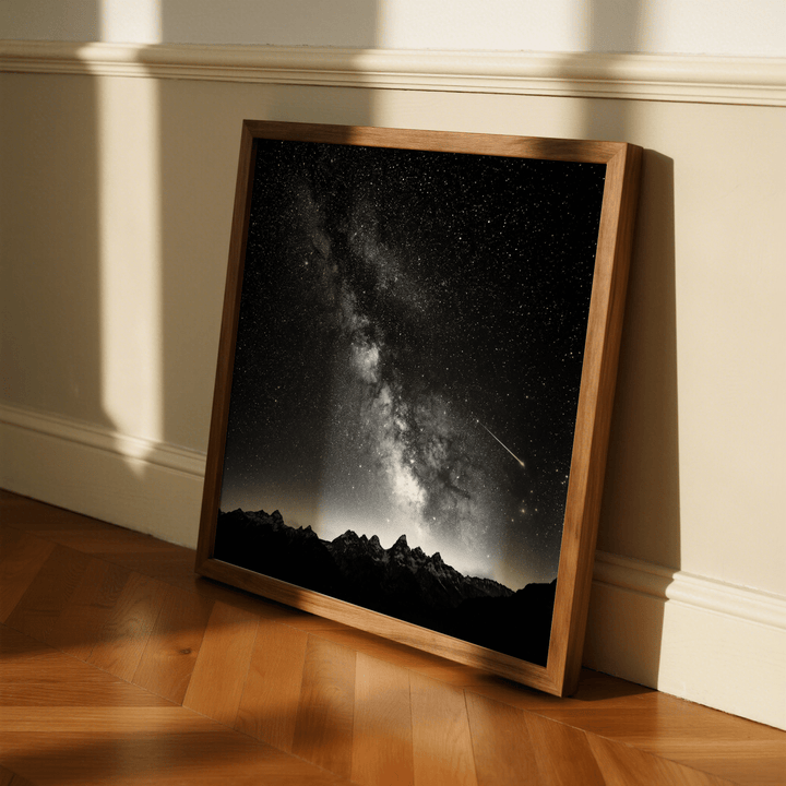 Milky Way Print leaning on a wooden floor with natural light and cream wall