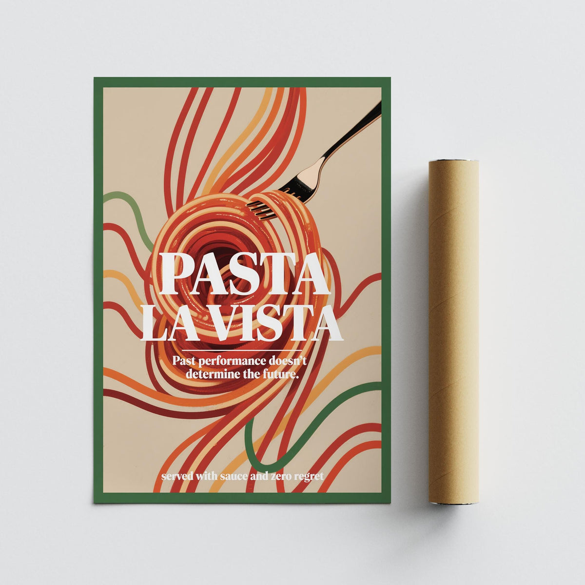 Pasta La Vista dining room print flat on surface next to a brown packaging tube