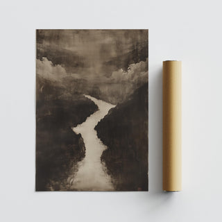 Rolled print of a minimalist Sumi e Art river landscape in black and white on a grey surface