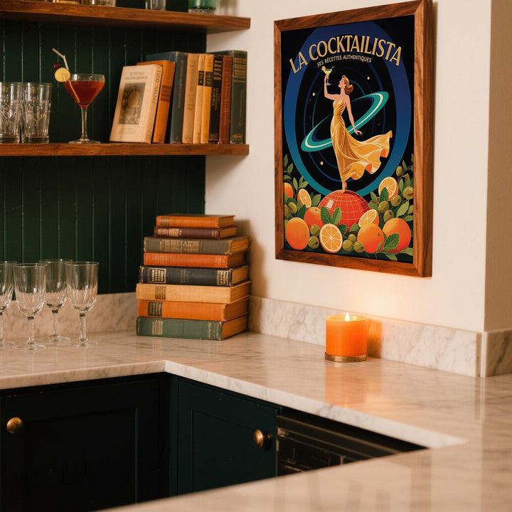 Prints for Bar showing a woman in a golden dress with cocktail in a retro art-deco style in a kitchen corner with a candle