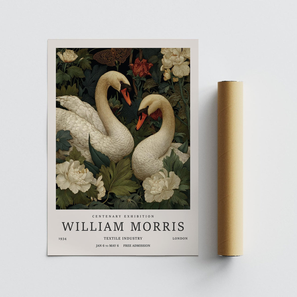 Forever Swans Swan wall art print rolled next to a packaging tube on a plain surface