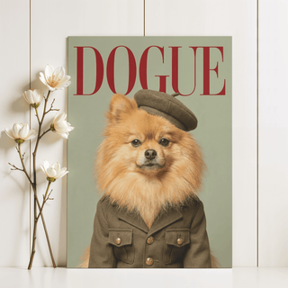 Pomeranian wall art of dog in soldier outfit with brown coat and hat alongside white flowers
