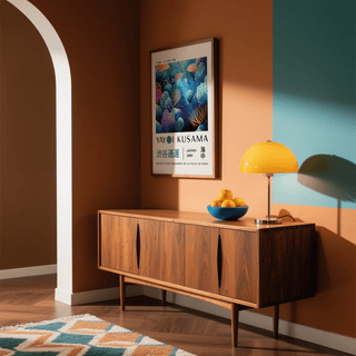 Fish artwork prints featuring a colourful coral reef with fish above a wooden cabinet and yellow lamp