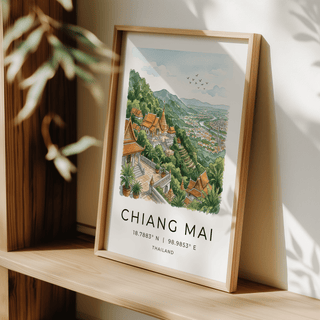 Print leaning on a shelf with sunlight casting shadows and some plant leaves visible