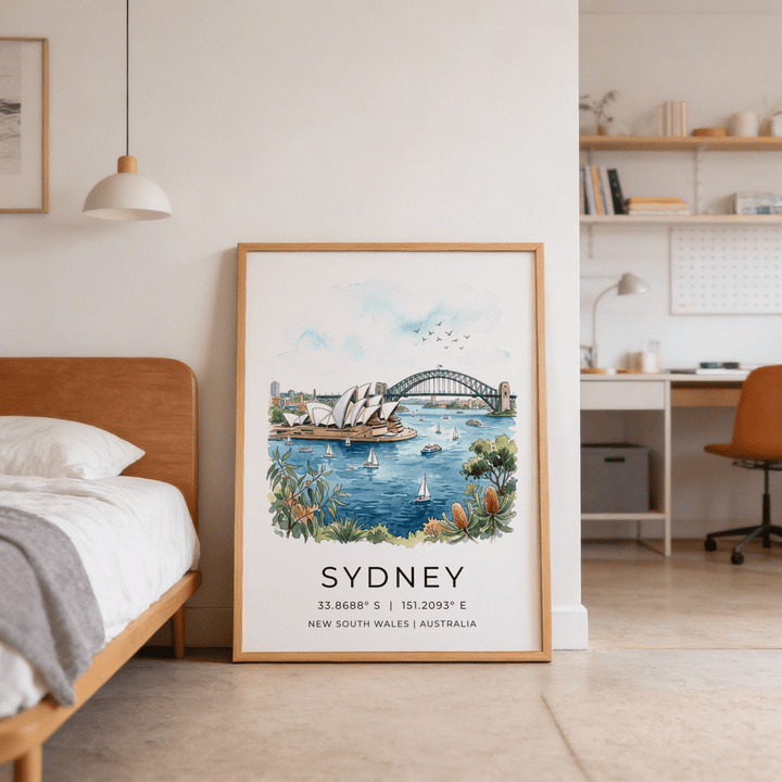 Print leaning on floor of Sydney watercolour art print showing Harbour Bridge and Opera House with floral foreground