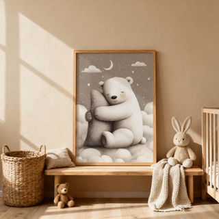 Polar Bear Nursery Print leaning on a wooden bench with a teddy bear and wicker basket in a nursery