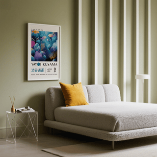 Fish artwork prints featuring colourful coral reef and fish above a glass side table in a bedroom