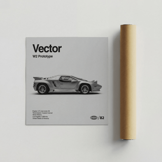 1980s Prototype Supercar Poster with Vectror W2 Prototype car and brown packaging tube