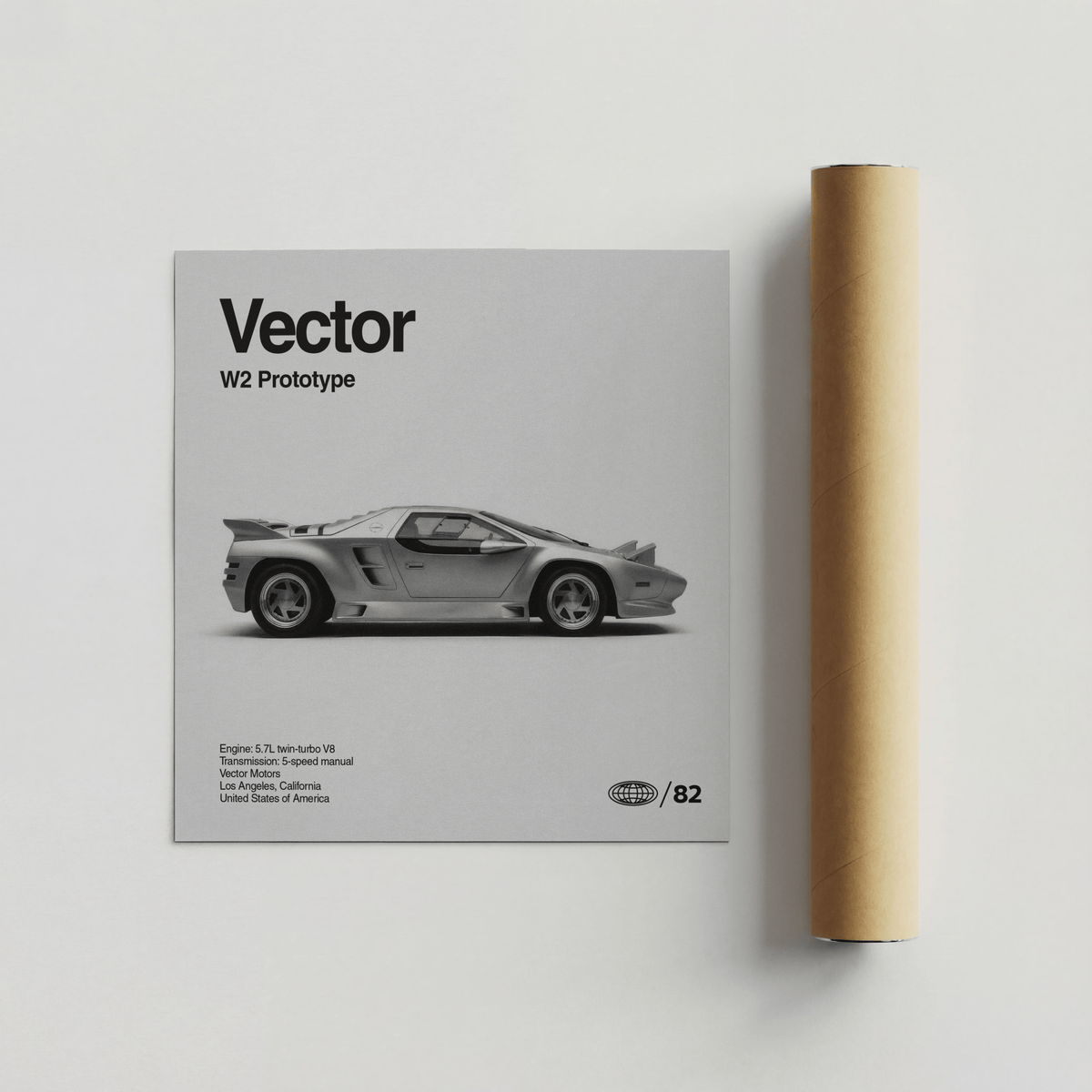 1980s Prototype Supercar Poster with Vectror W2 Prototype car and brown packaging tube