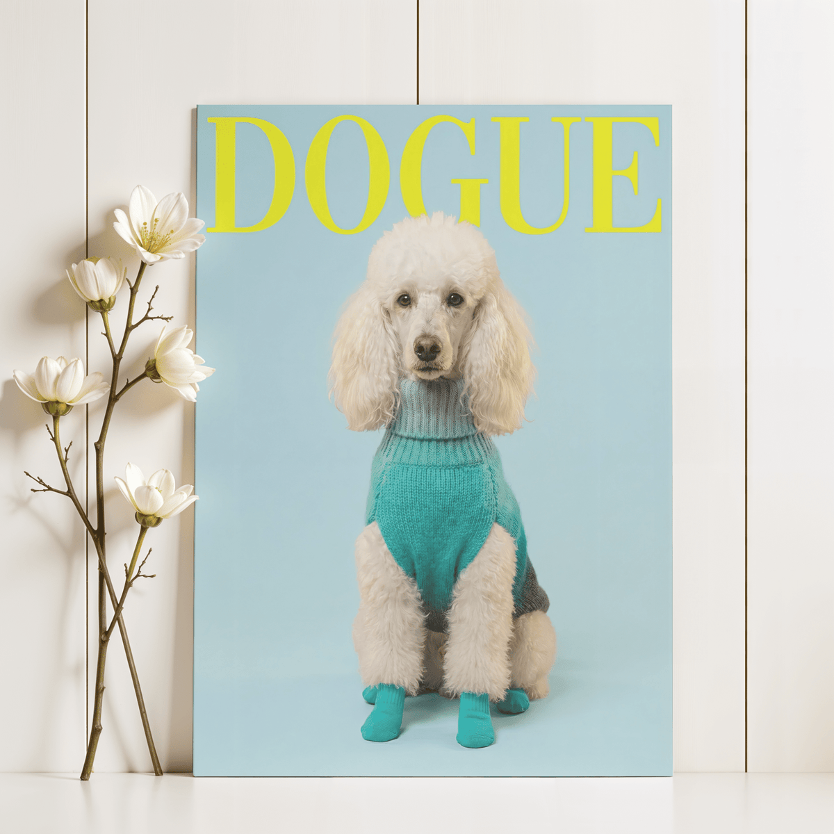 Pet Wall Decor print of a white poodle in a turquoise sweater next to a white flower arrangement