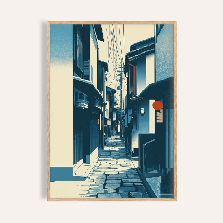 Framed Japanese street wall art with blue and cream tones and a red lantern detail