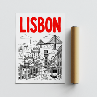 Lisbon Travel Art print of Lisbon landmarks in black line-art with bold red title alongside a packaging tube