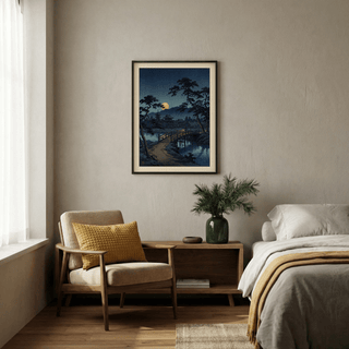 Moonlit Bridge Art Print on a bedroom wall with pine in a green vase on the table