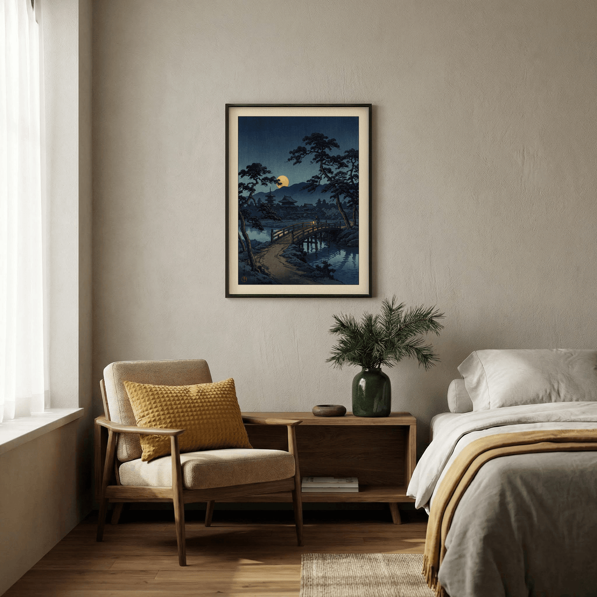 Moonlit Bridge Art Print on a bedroom wall with pine in a green vase on the table