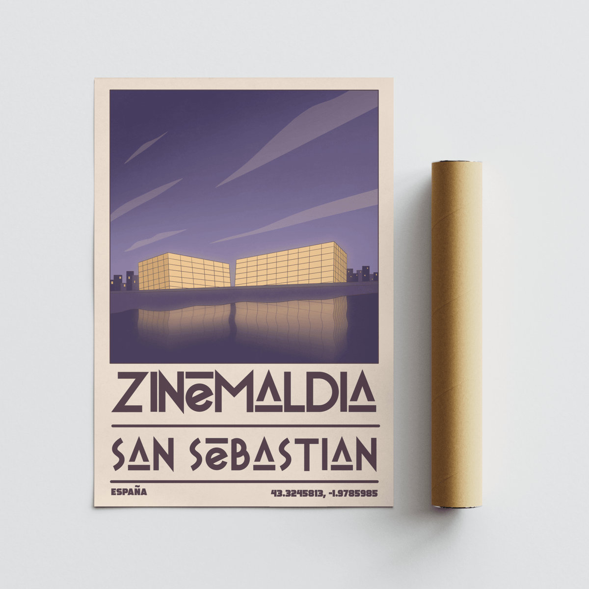 San Sebastian wall art print of minimalist conference centre buildings with purple sky roll tube beside it