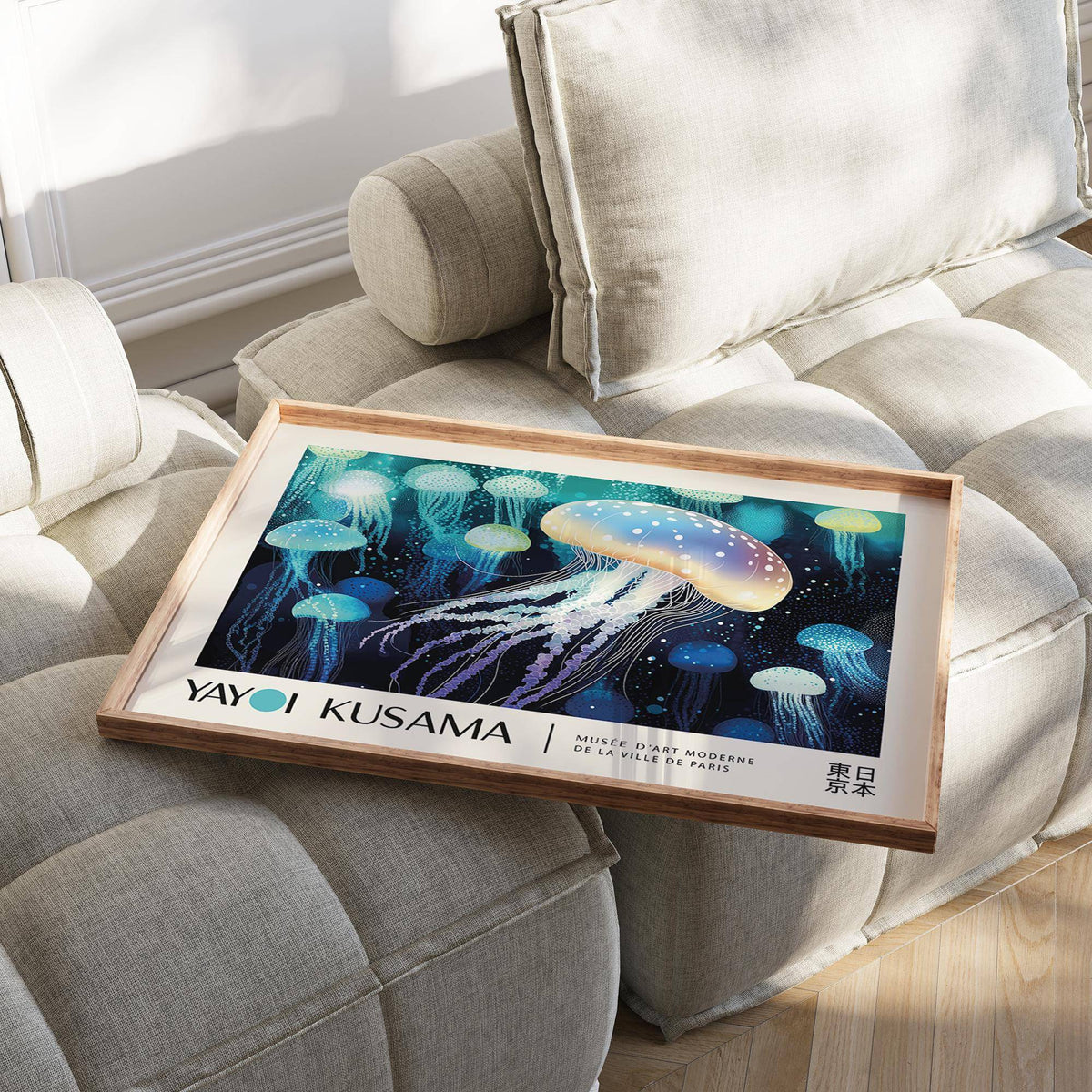 Framed Jellyfish wall art with glowing blue and purple spotted jellyfish on a cushioned beige seat