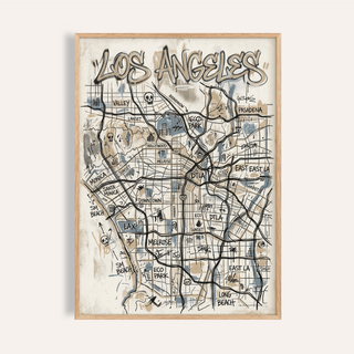 Framed Los Angeles Map Art in street-art style with beige and blue tones