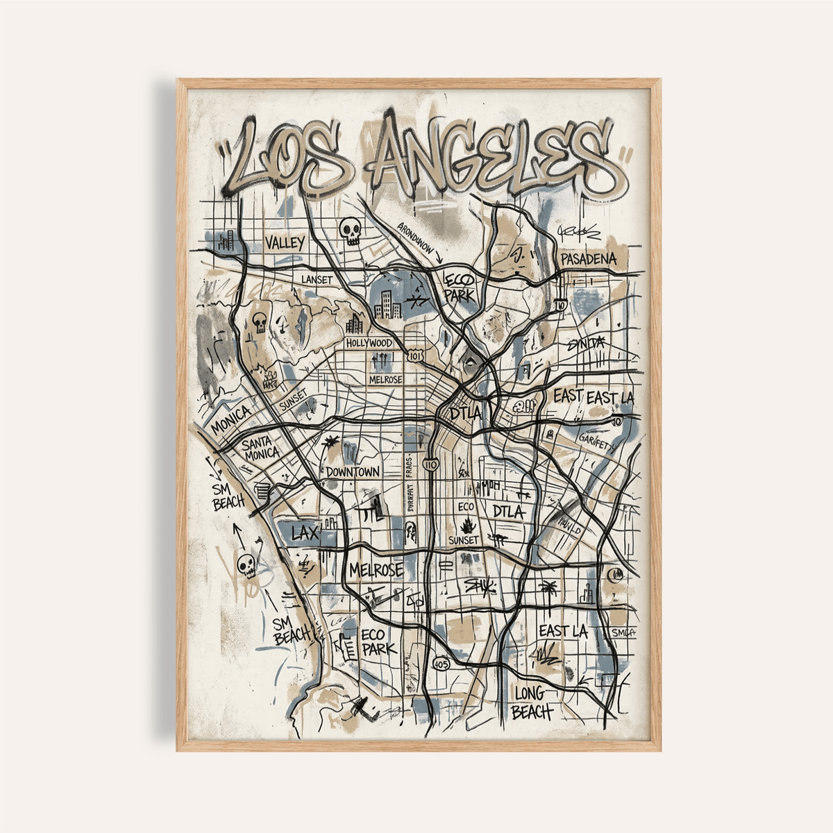 Framed Los Angeles Map Art in street-art style with beige and blue tones