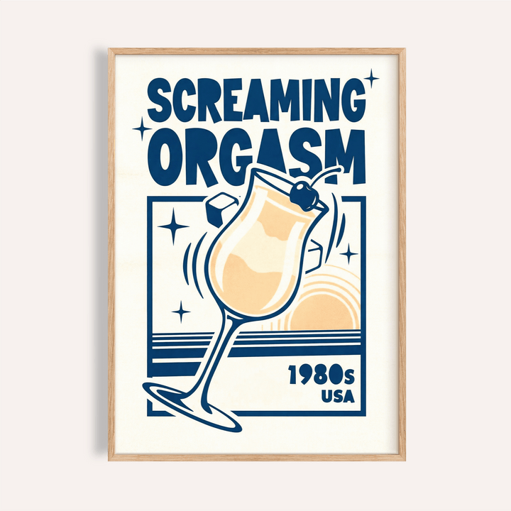 Retro Cocktail Poster framed print close-up of a blue and beige illustrated cocktail glass