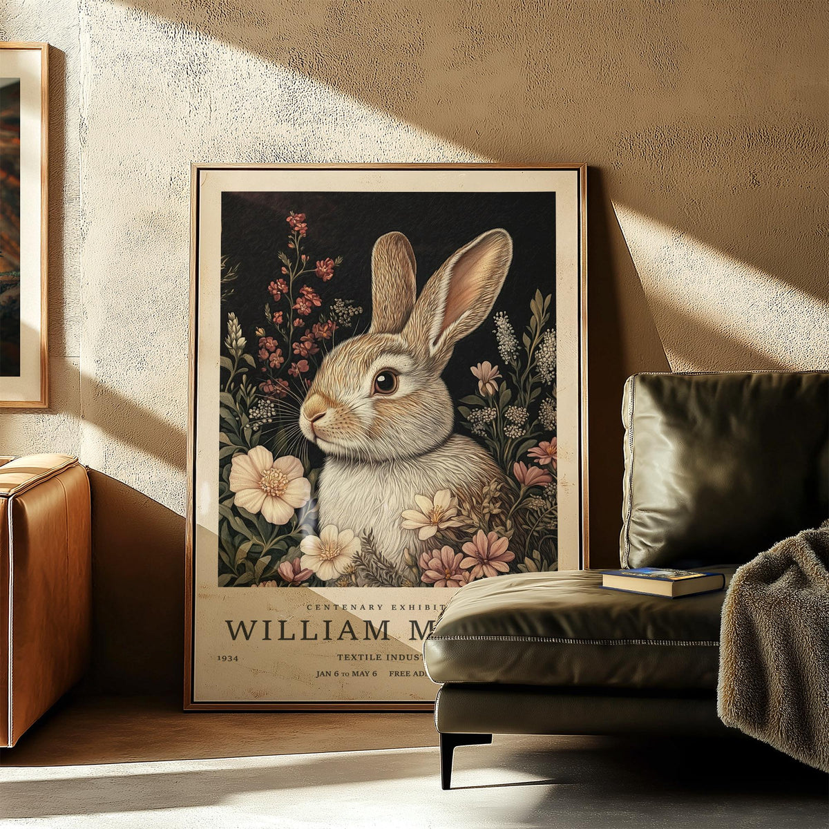 Print leaning on the floor with vintage rabbit art illustration in brown and cream near a green leather armchair