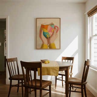 Print on a wall in a dining room of hands holding a patterned coffee mug with warm colours above a round table