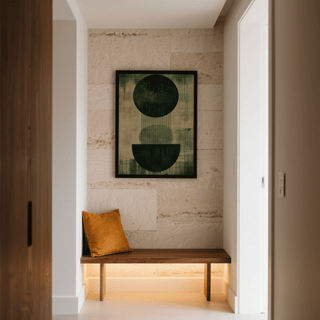 Print on a wall of Green Wabi Sabi Print with dark green geometric shapes above a wooden bench with a brown cushion