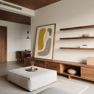 Modern Abstract Wall Art print leaning on a wooden sideboard with organic shapes in mustard, taupe and green in a minimalist lounge