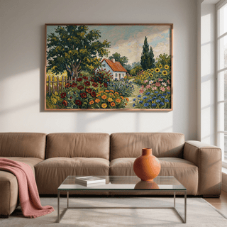 Cottage Garden Art Print of a vibrant flower garden and house above a brown sofa with a glass table
