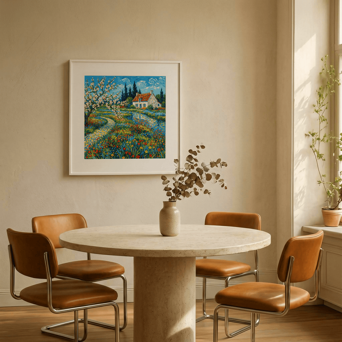 Impressionist Garden Poster print with a blooming tree and colourful path above a dining table with brown chairs