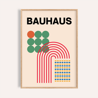 Framed Abstract Shapes Print with geometric shapes in green orange and red on a beige background