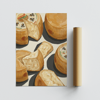 Parmegiano Reggiano Art print lying flat with a packaging tube on a white surface