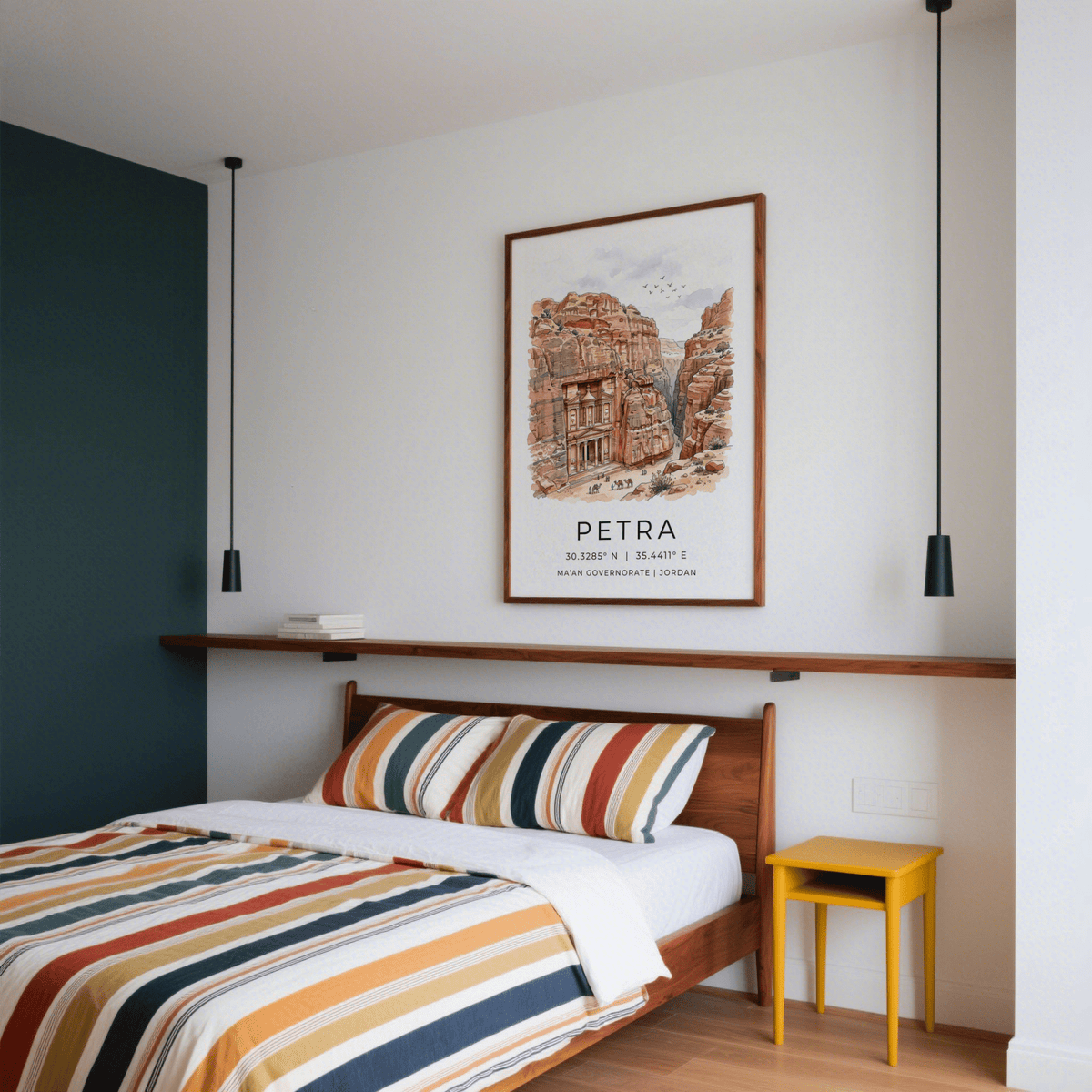 Petra art print of a sandstone carved site in warm brown watercolour above a wooden bed with striped bedding