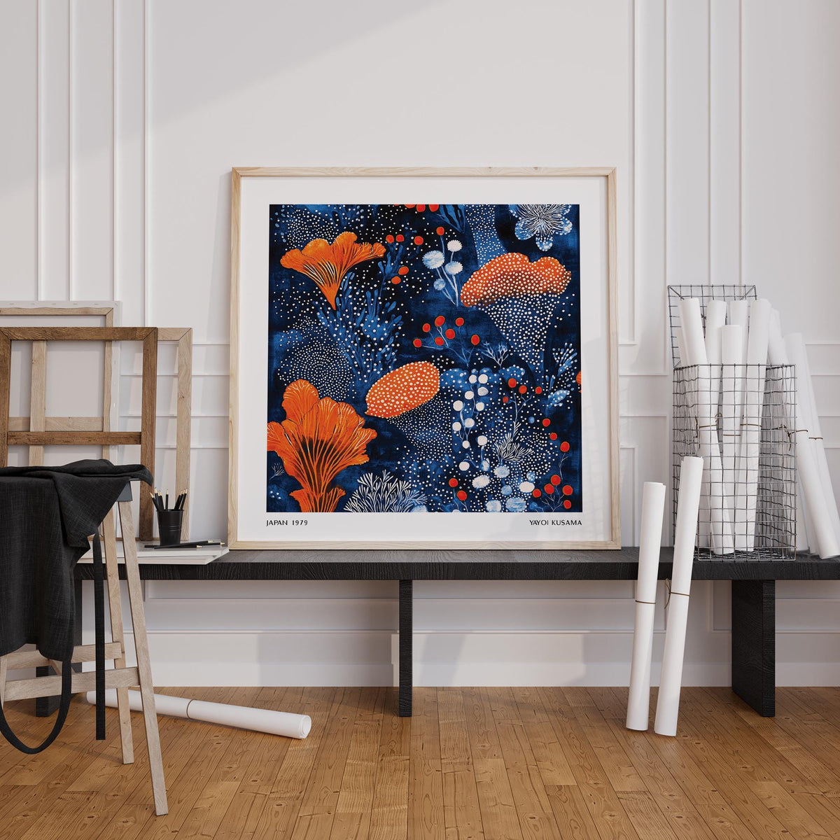 Print leaning on a bench floral abstract with bright orange and dark blue tones next to rolled architectural drawings