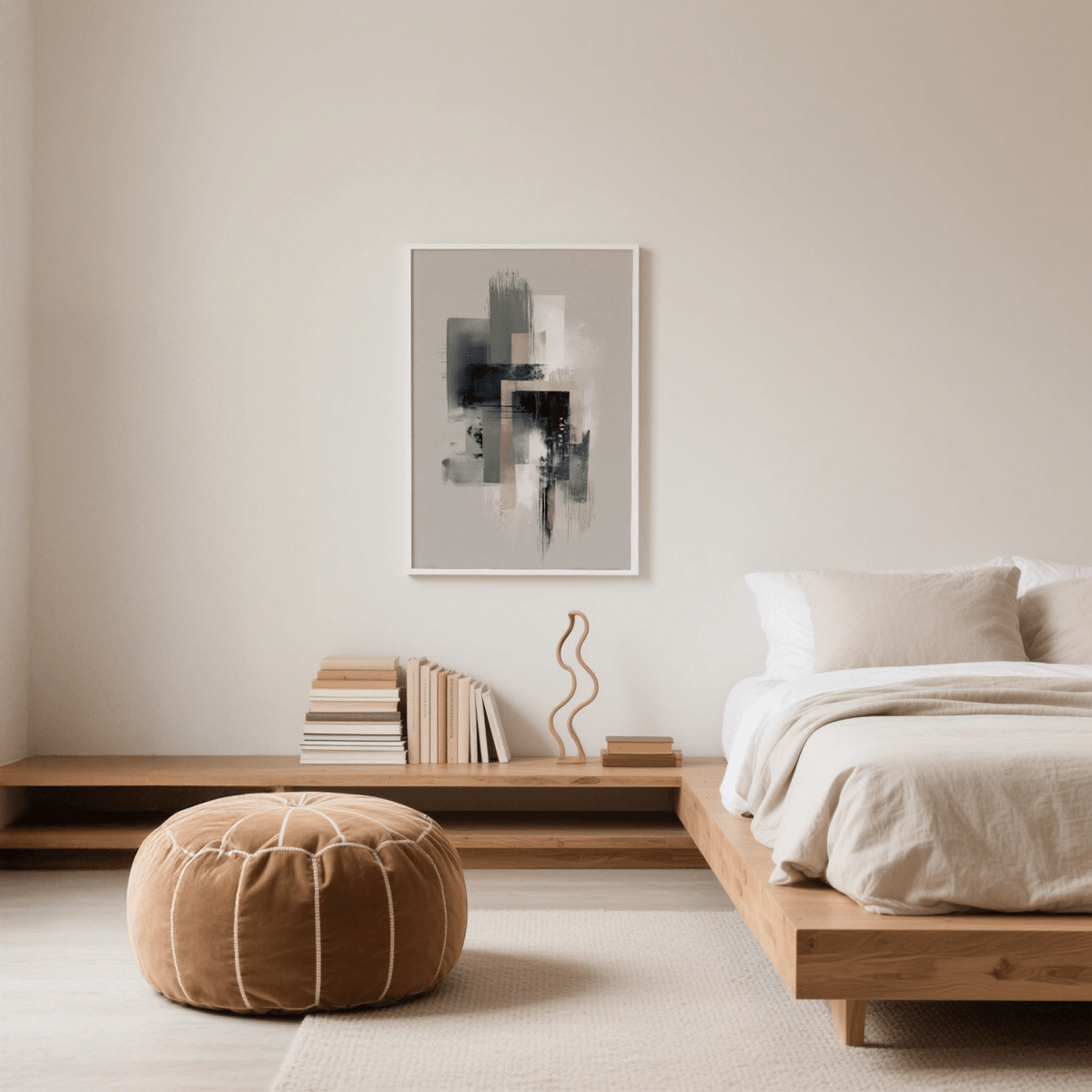 Modern Abstract Poster in muted black beige and white tones on a bedroom wall above a low wooden shelf with books and sculpture