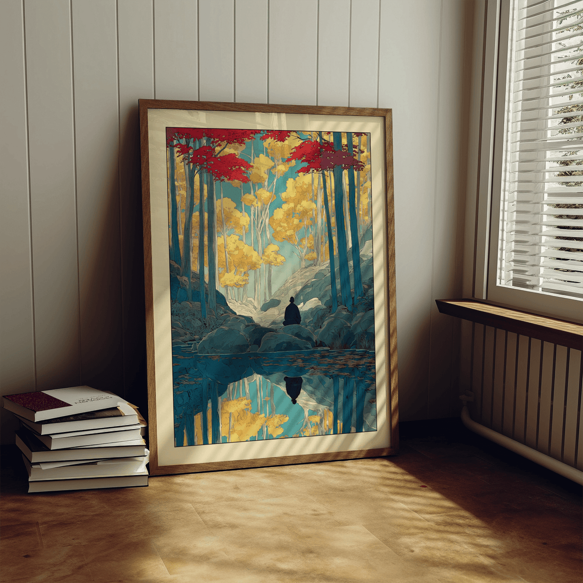 Print leaning on a floor in a room with wooden panelled wall and sunlight from window nearby