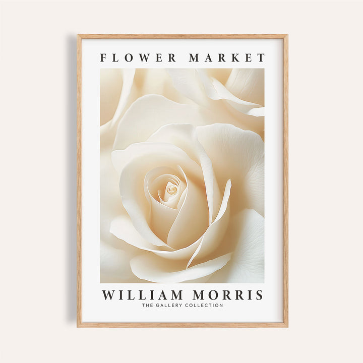 Floral wall art for living room of a cream rose close-up with text in a wooden frame