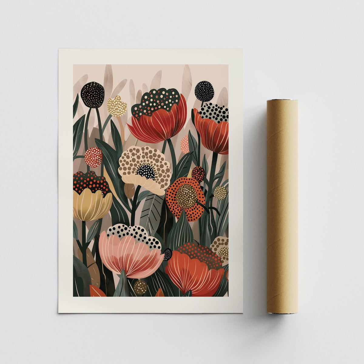 Art with Poppies print with stylized flowers in red pink and beige lying next to a rolled packaging tube